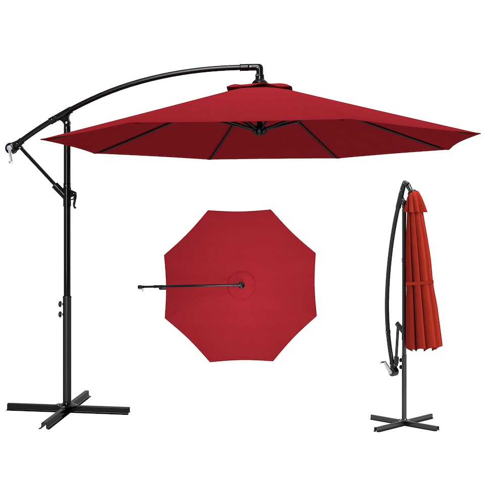 image 1 of Outsunny 3m Garden Banana Parasol Hanging Cantilever Umbrella with Crank Handle, 8 Ribs and Cross Base for Outdoor, Sun Shade, Wine Red