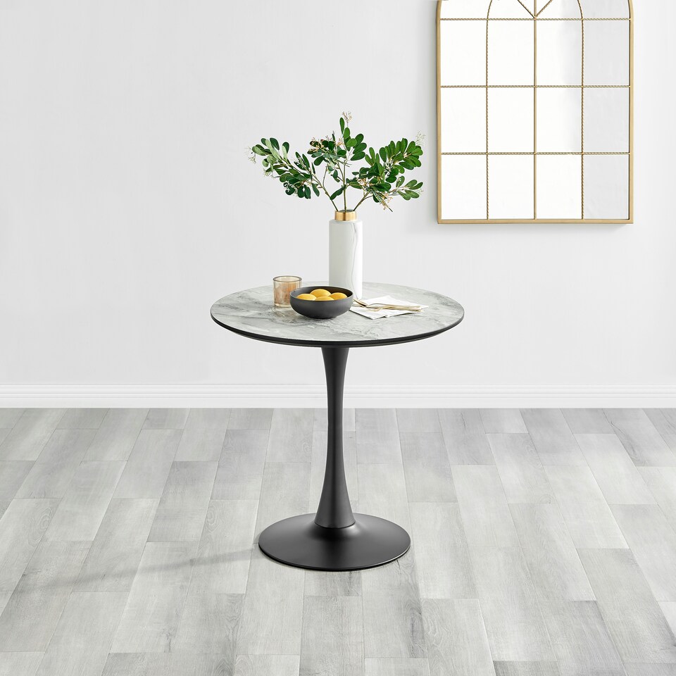 image 1 of Furniturebox Elina White Marble Effect Round Dining Table & 2 Blue Pesaro Black Leg Chairs