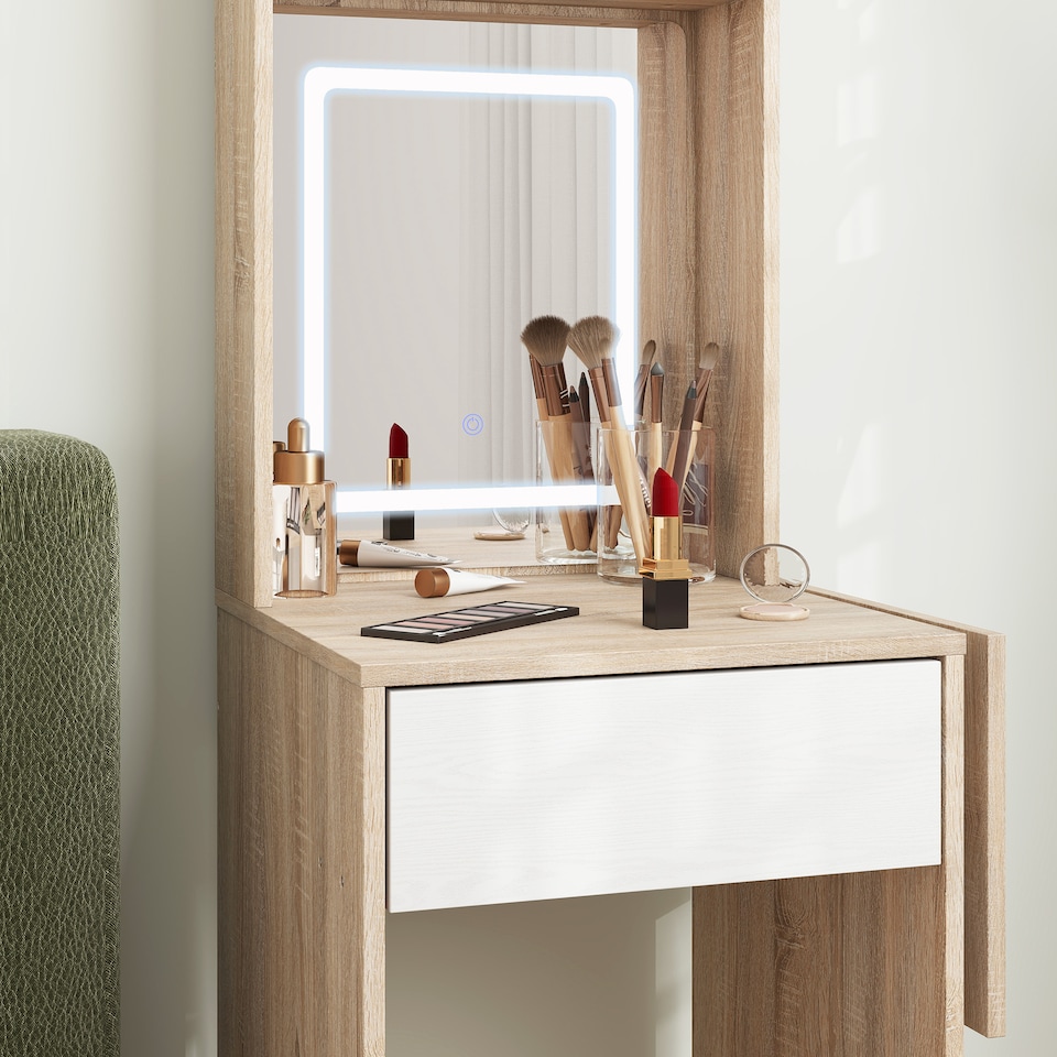 image 1 of HOMCOM Compact Dressing Table with Lighted Mirror Open Shelves Drawer | Brown