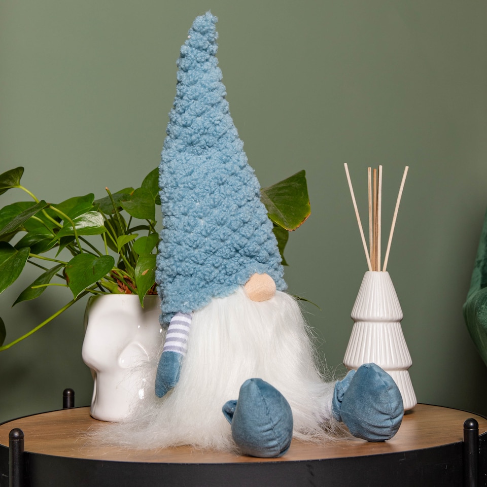 image 1 of 53cm Blue Sitting Christmas Gonk Decoration with Knitted Hat and Dangly Legs