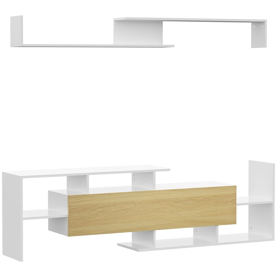 image 1 of HOMCOM TV Cabinet Unit w/ Wall-Mounted Shelf, Open Shelves White and Natural | White