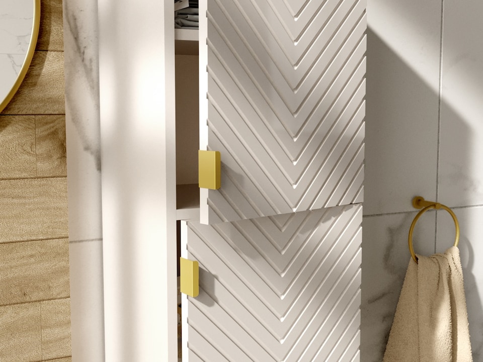 image 1 of Bathroom Furniture Set  600mm Wall Hung Vanity Unit with Tallboy Storage Cabinet Ribbed Fluted Herringbone Beige Cara