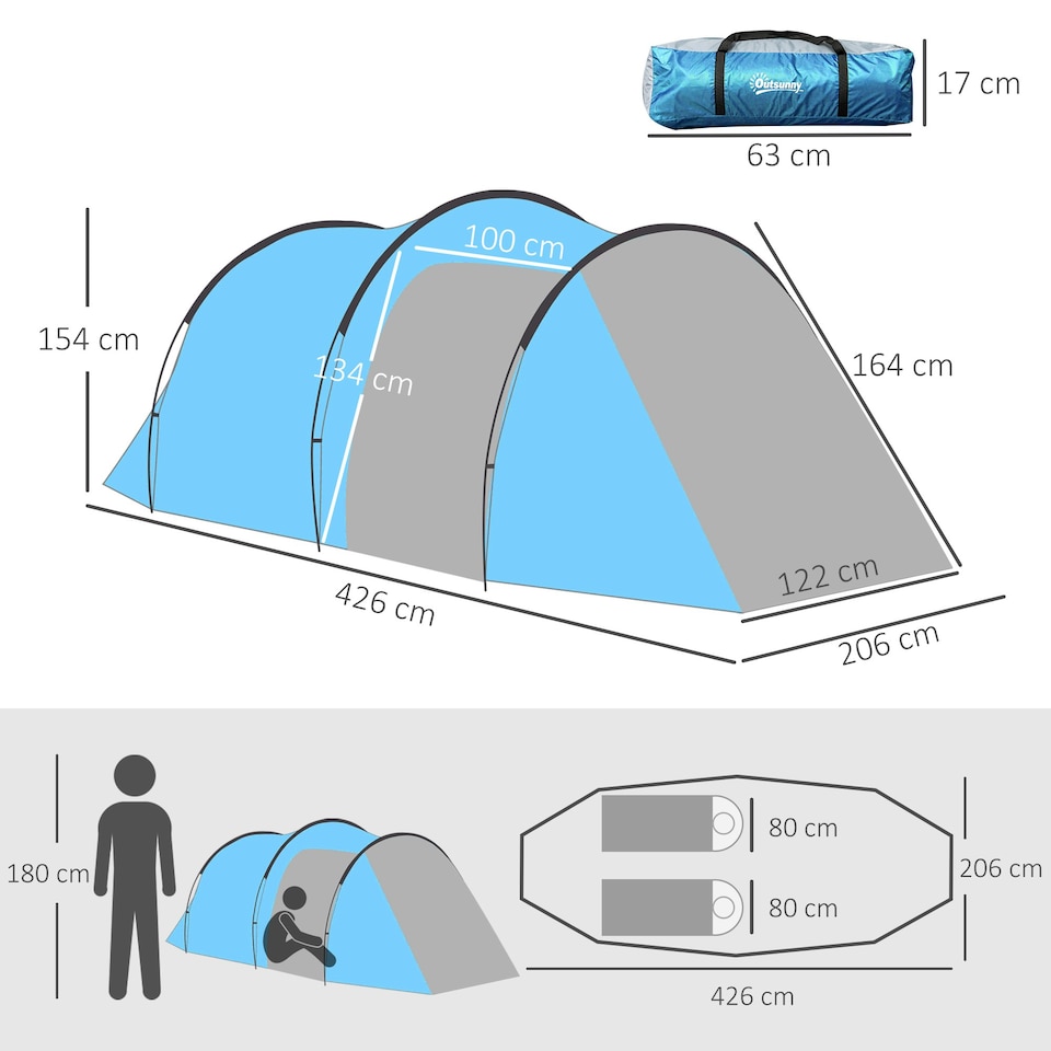 image 1 of Outsunny 3 Man Camping Tent w/ 2 Rooms Porch Vents Rainfly Weather-Resistant