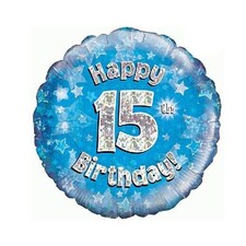 Blue Happy 15th Birthday Holographic Round Foil Helium Balloon 46cm / 18 in