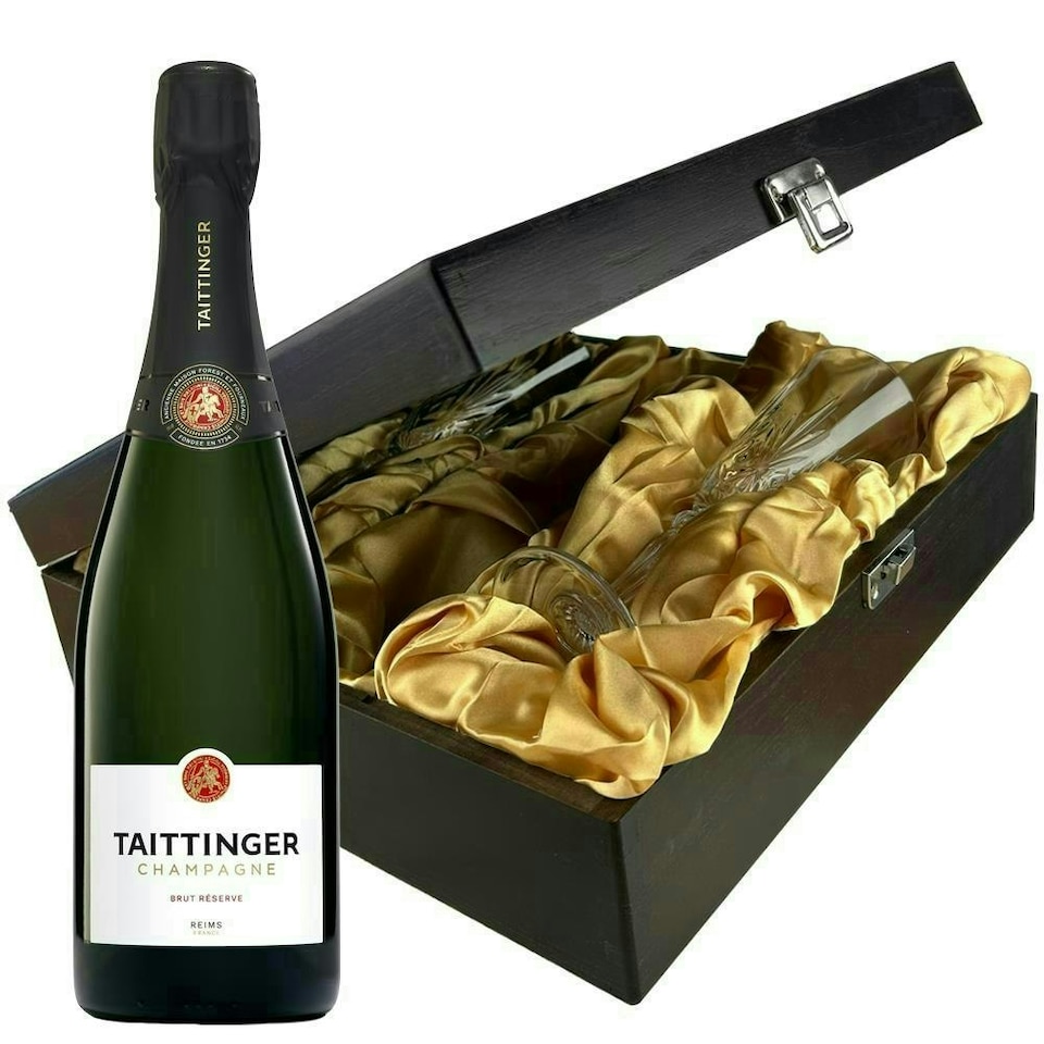 Taittinger Brut Reserve Champagne and Flutes in Wooden Hinged Presentation Box 75cl 12.5% abv