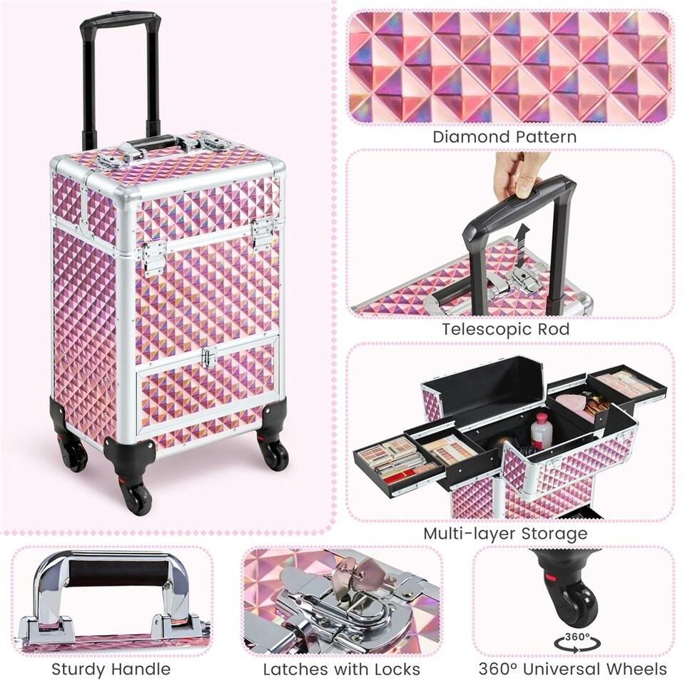 image 1 of Yaheetech Aluminum Makeup Train Case with Slide-Out Drawer Black Pink | Glitter Pink