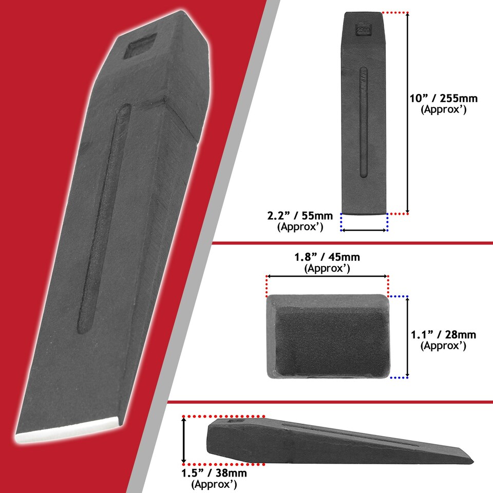 image 1 of SPARES2GO Log Splitter Blade Sharpener Kit 2.5KG 10" Wood Splitting Timber Chisel Wedges + Drill Attachment