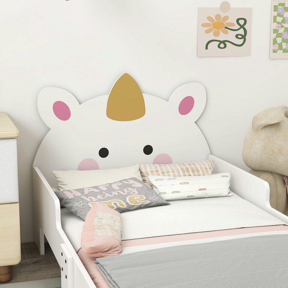 image 1 of ZONEKIZ Unicorn-Designed Toddler Bed, Kids Bedroom Furniture - White