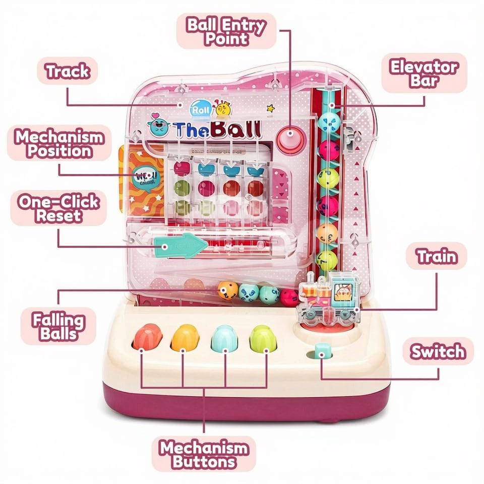 image 1 of Music & Light Educational Ball Roll Toy - Interactive Train Playset with 6 Colourful Balls, Lights, Music, Number & Colour Learning, Coordination-Building Toddler Toy for Ages (Pink)