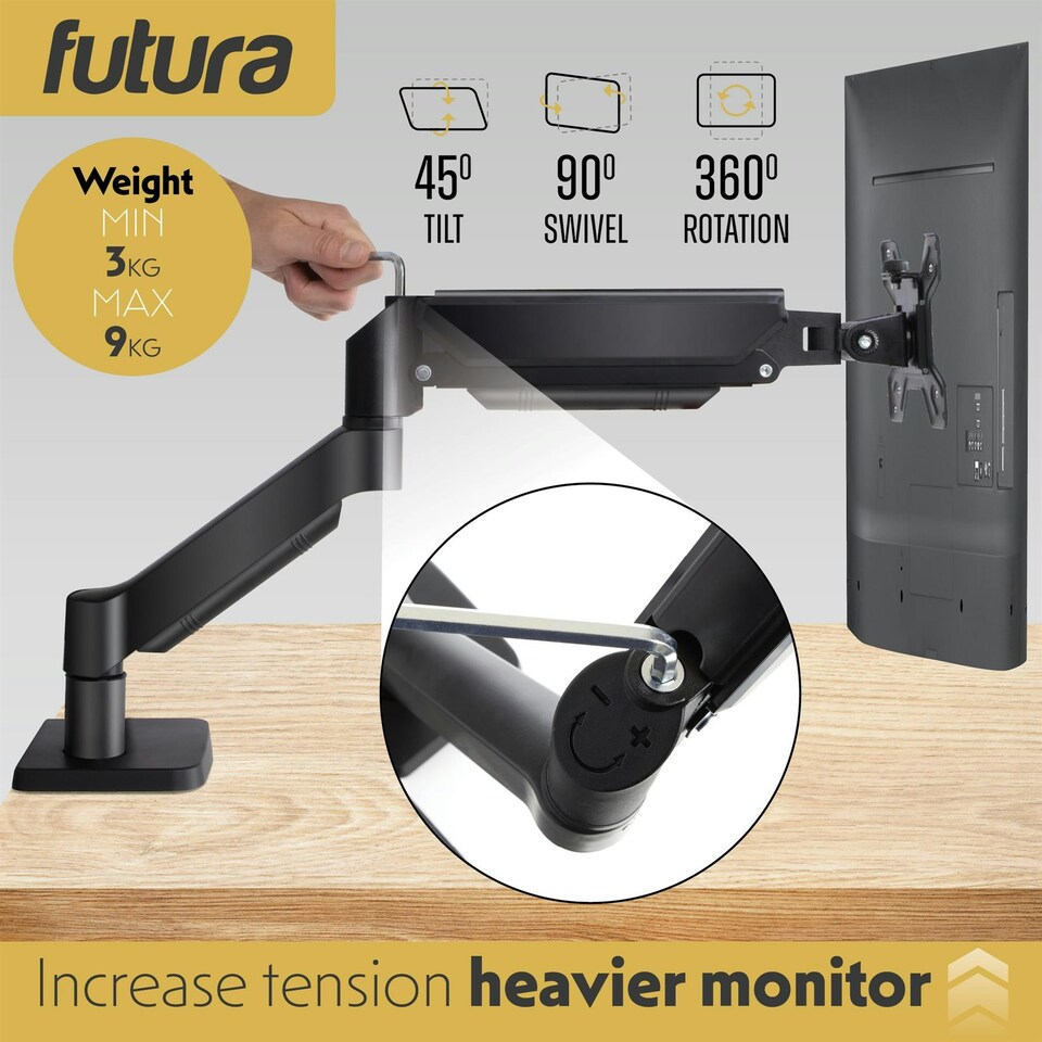 image 1 of Futura Single Monitor Arm Desk Mount, Gas Spring Adjustable Stand for 13-32 Inch Screens | Black | Black | 1