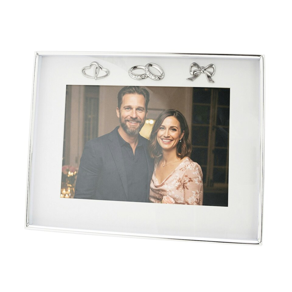 image 1 of Modern Wedding Picture Frame in Silver Plating with Rings and Hearts Silver | One Size