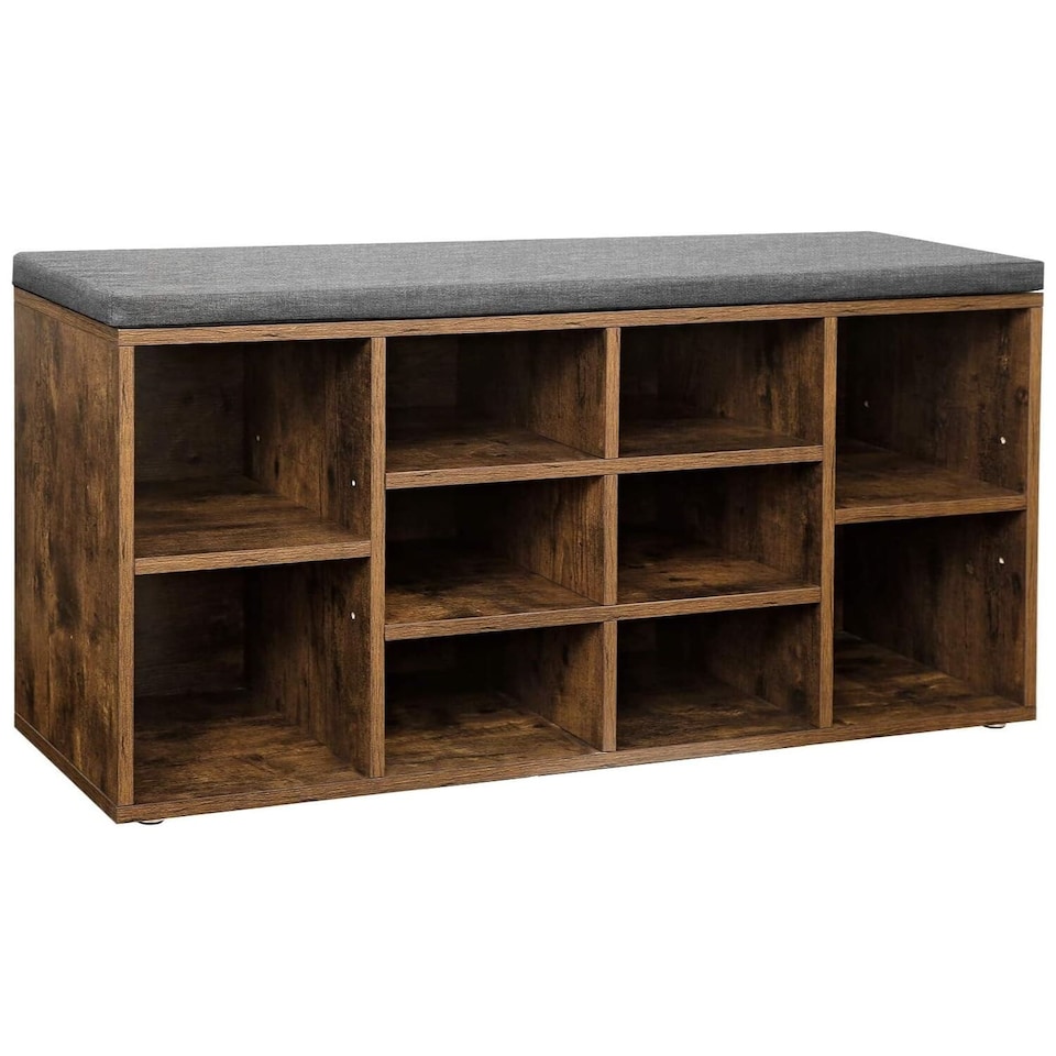 image 1 of 10-Compartment Entryway Shoe Storage Cabinet with Cushioned Seat, Rustic Brown and Grey