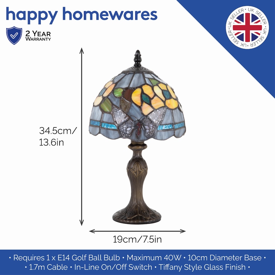 image 1 of Purple Stained Glass Butterfly Tiffany Lamp with Amber Roses and Sky Blue Strips | Purple