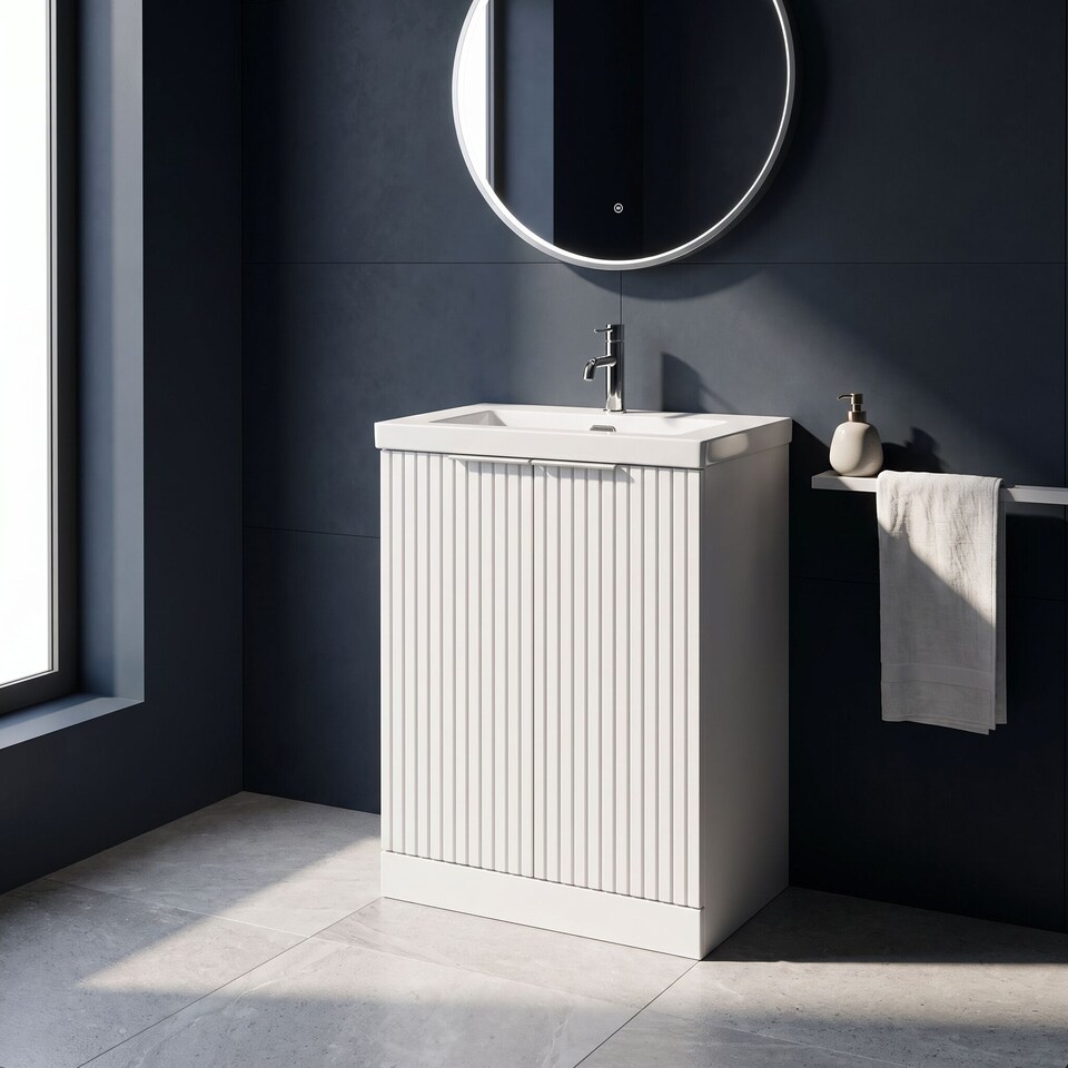 image 1 of Balterley Callingwood Contemporary Floor Standing 2 Door Vanity Unit with 1 Tap Hole Fireclay Basin , 600mm, Matt White
