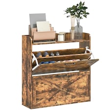 HOMCOM Narrow Shoe Cabinet Farmhouse Slim Shoe Storage Cabinet Rustic Brown Brown
