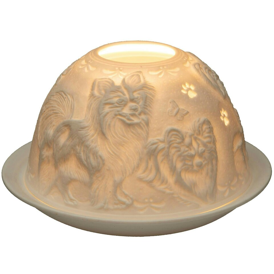 Nordic Lights Tealight Porcelain Candle Shade and Plate Papillon Dog