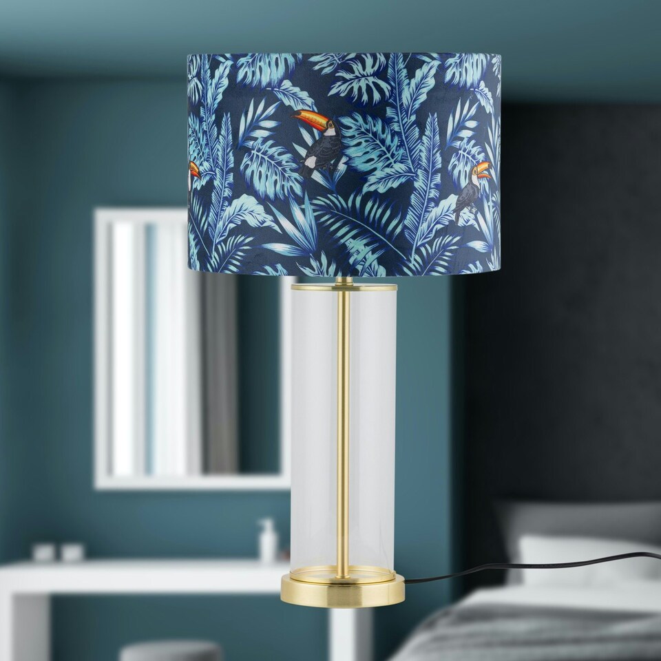 image 1 of Set of 2 Aura - Satin Brass Lamps with Toucan Velvet Shades Bronze | Multi