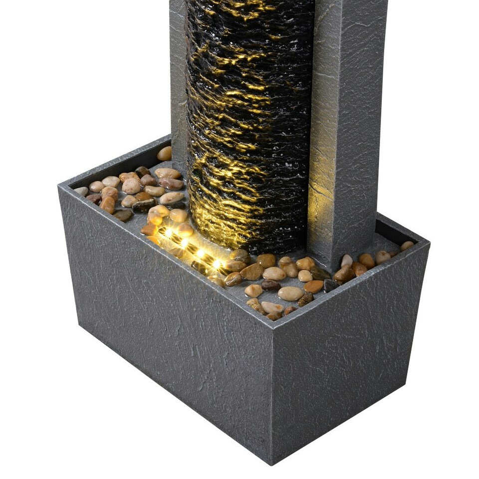 image 1 of Teamson Home Garden Outdoor Water Feature, Tall Waterfall Water Fountain, With Warm LED Lights, Layered Rock Design, Dark Grey