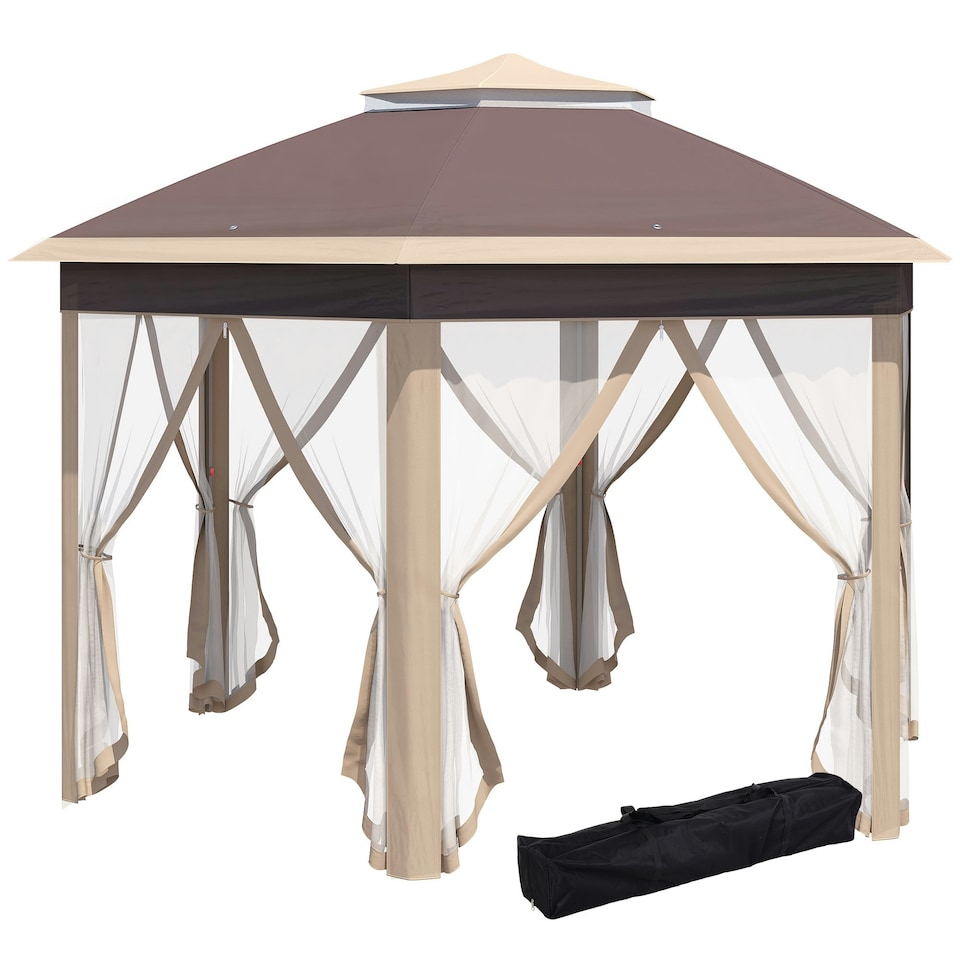 image 1 of Outsunny 3x4m Hexagon Gazebo w/ Mesh Curtains Outdoor Garden, Khaki