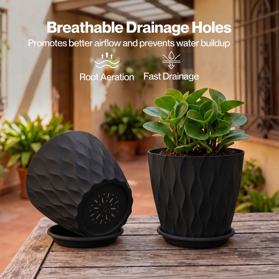 image 1 of TOQUE Plant Pots,5Pc 20cm Plant Pots Indoor,Drainage,PP Plastic,Black