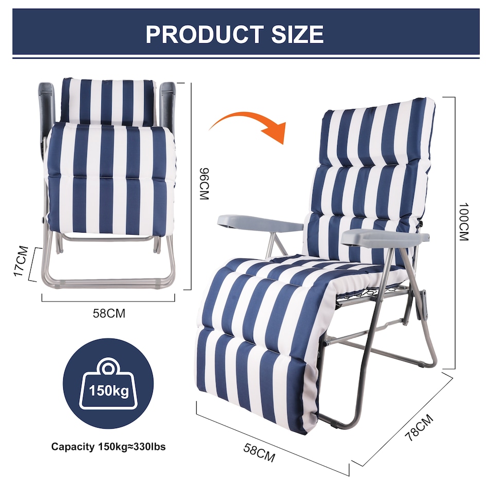 image 1 of Groundlevel Garden Lounge Recliner Chair with Striped Cushion | Blue | Navy
