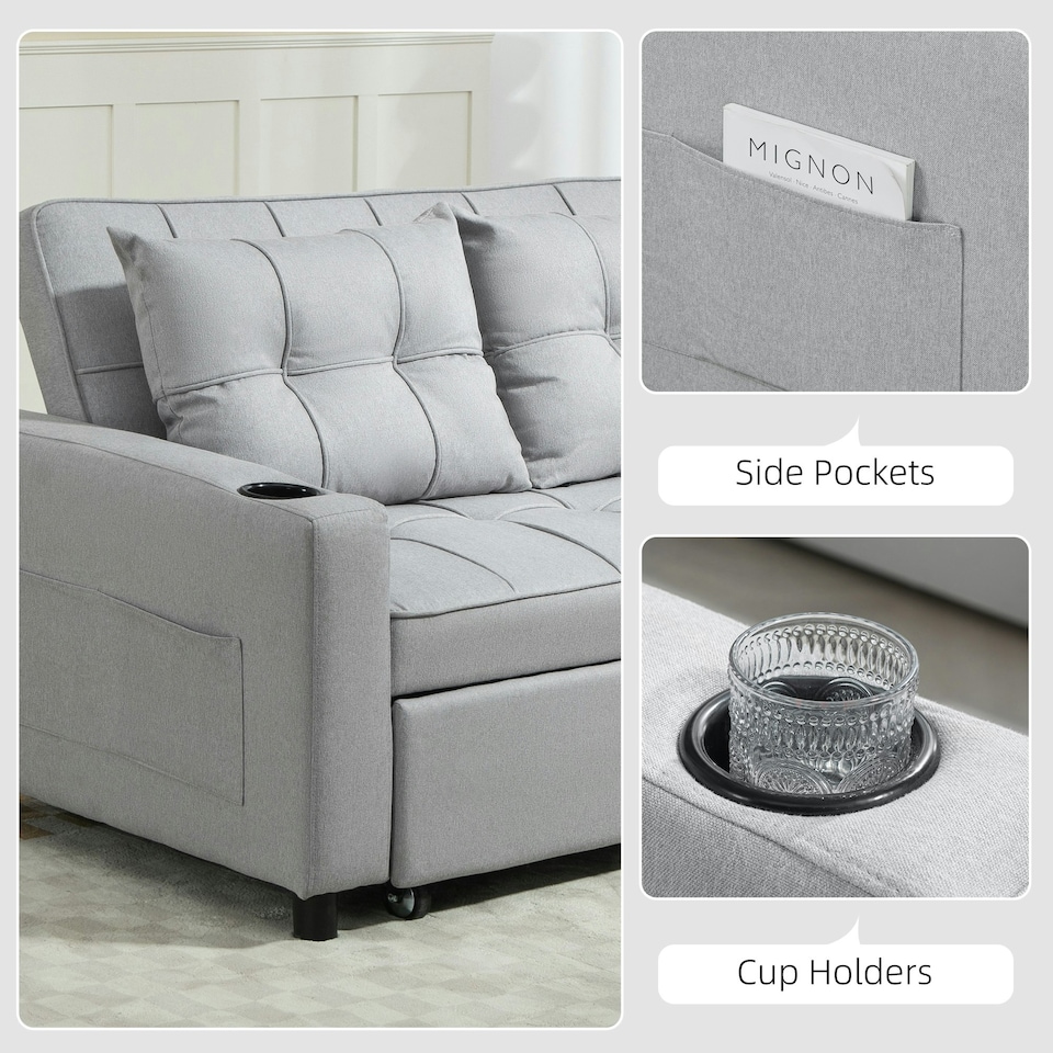image 1 of HOMCOM 2 Seater Pull Out Sofa Bed with Pockets for Living Room Light Grey