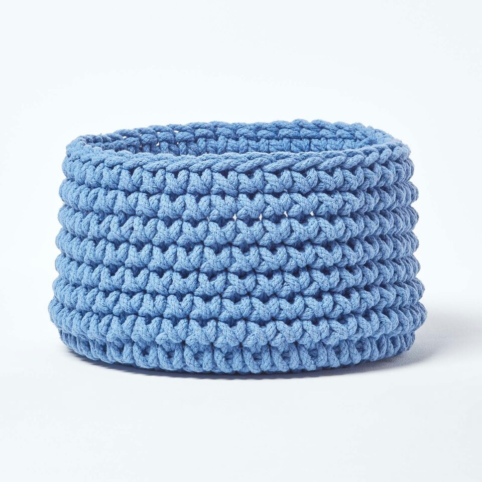 image 1 of Homescapes Blue Cotton Knitted Round Storage Basket - 37 x 21cm | Blue | M
