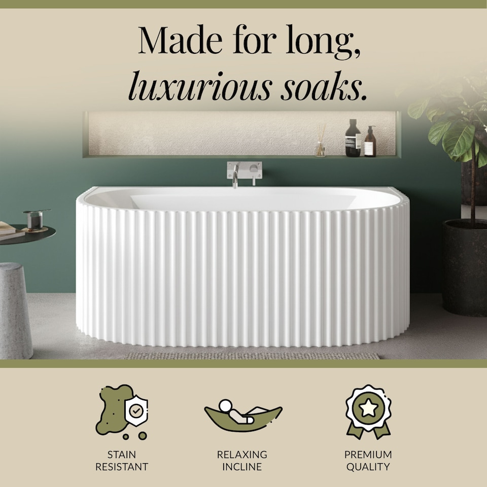 image 1 of Contemporary Back To Wall Freestanding Bath with Ribbing 1600 x 780mm | White | White | 1600 x 780 x 580mm