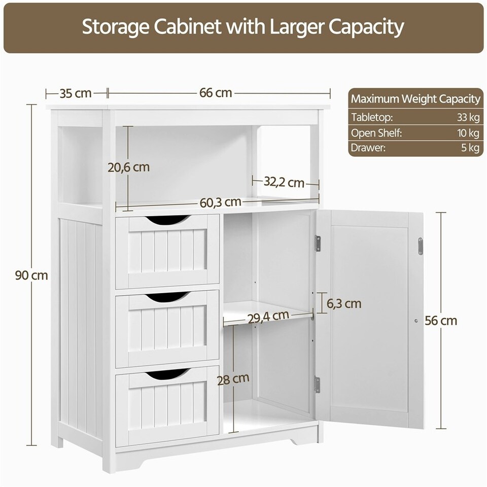 image 1 of Yaheetech Bathroom Floor Cabine w/ 1 Door and 3 Drawers White White