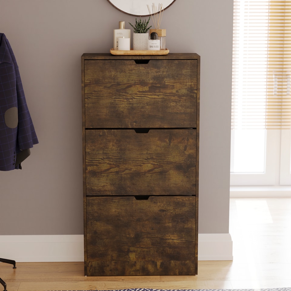 image 1 of Vida Designs 3 Drawer Shoe Cabinet Shoe Rack Storage Cupboard, Dark Wood