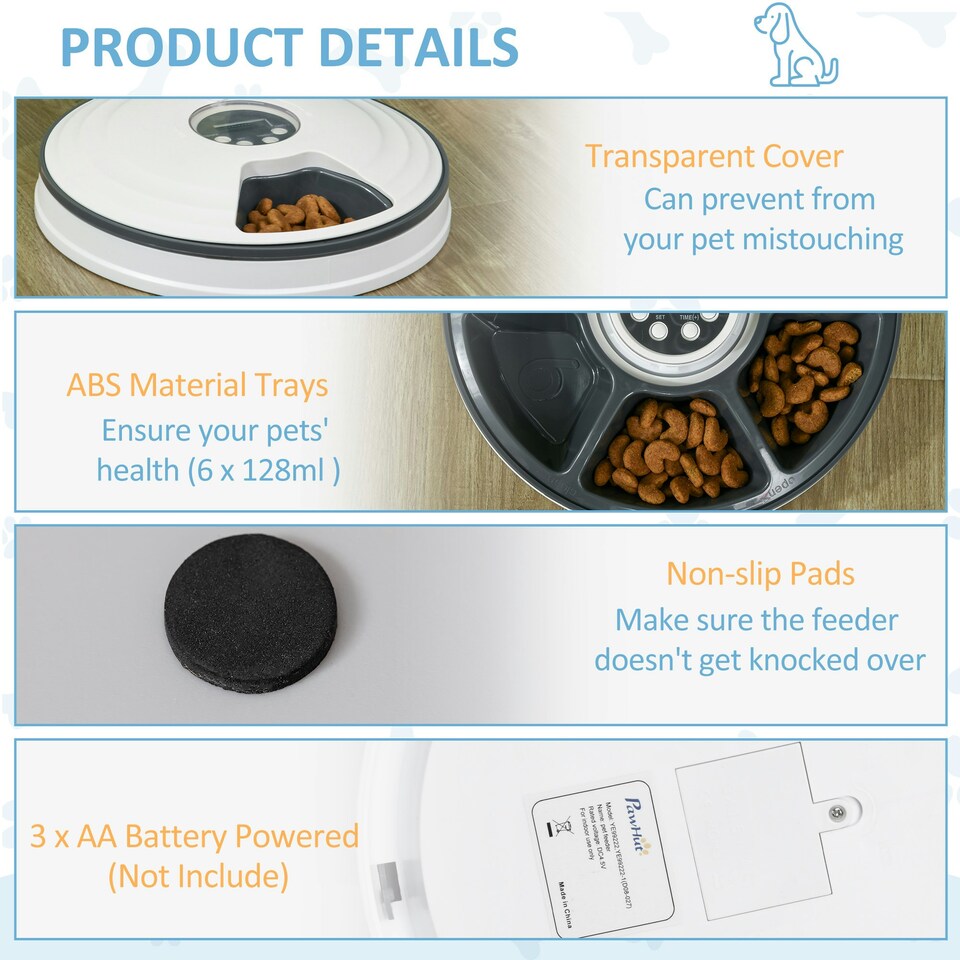 image 1 of PawHut Pet Feeder w/ Digital Timer Six-Meal Food Dispenser Trays White