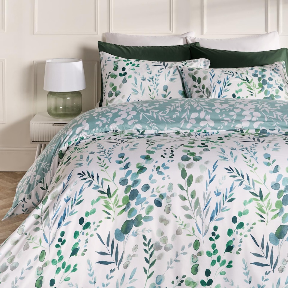 image 1 of OHS Watercolour Floral Reversible Bedding Set Duvet Cover with Pillowcase | Green | Green | Double