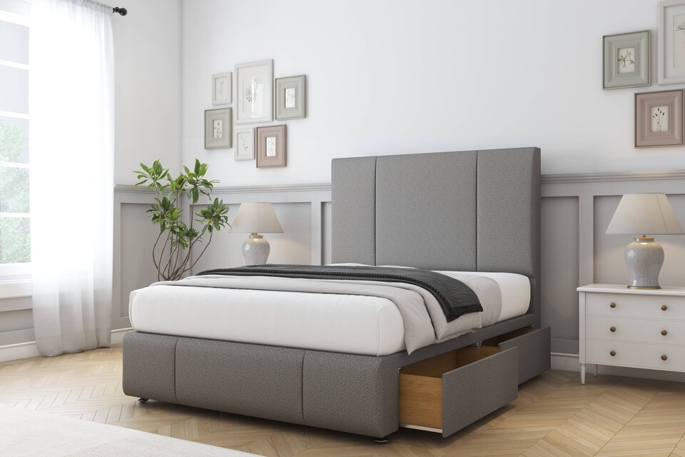 image 1 of Sloomy Lisbon Pewter Dumfries Divan Bed Base 2 Drawers Left Side With 26 Inch Strutted Headboard & 12 Inch Matching Footboard | Grey | Pewter | Small Double | 1