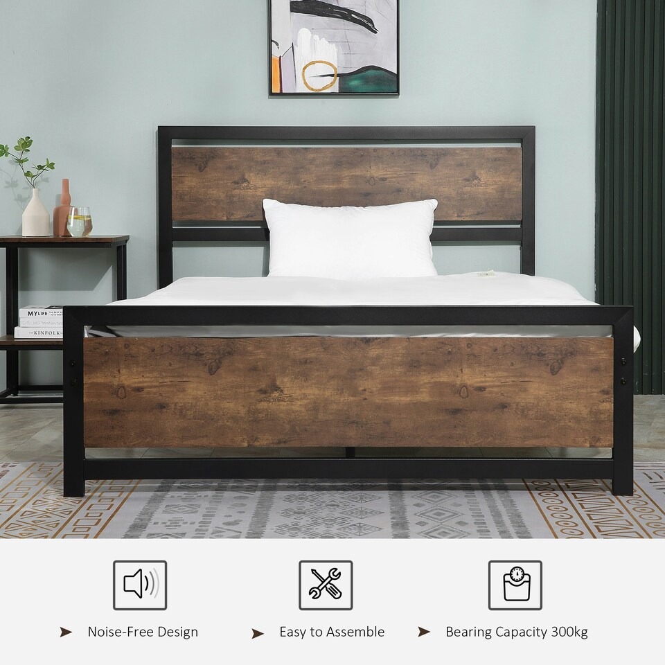 image 1 of HOMCOM Double Size Metal Bed Frame w/ Headboard & Footboard, 144x195x103cm