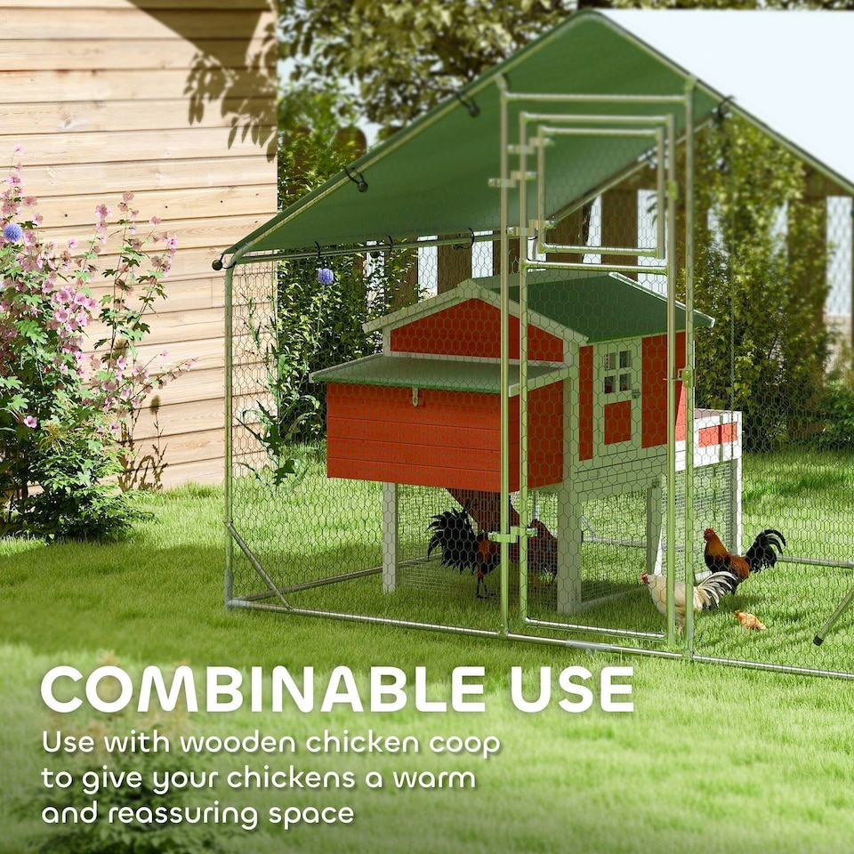 image 1 of PawHut Walk-in Chicken Run w/ Cover, Hanging Feeder Perch, for 6-8 Poultry