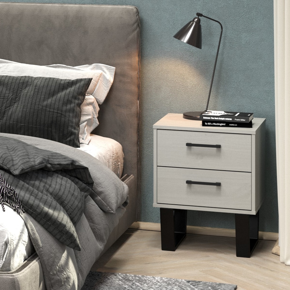 image 1 of Texas 2 Drawer Bedside Cabinet - Industrial Style with Real Wood and Metal Legs | Grey | Grey Waxed Pine | One Size | 1