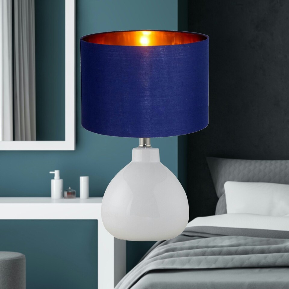 image 1 of First Choice Lighting Set of 2 Tuscan White Ceramic Lamps with Navy Blue & Gold Shade White | Blue
