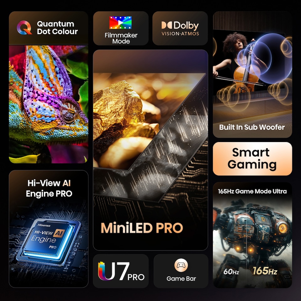 image 1 of Hisense 55" U7QTUK PRO MiniLED 165Hz Smart AI TV with Freely