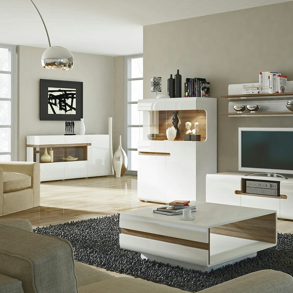 image 1 of Chelsea Living Low Display Cabinet 109cm Wide in White with a Truffle Oak Trim