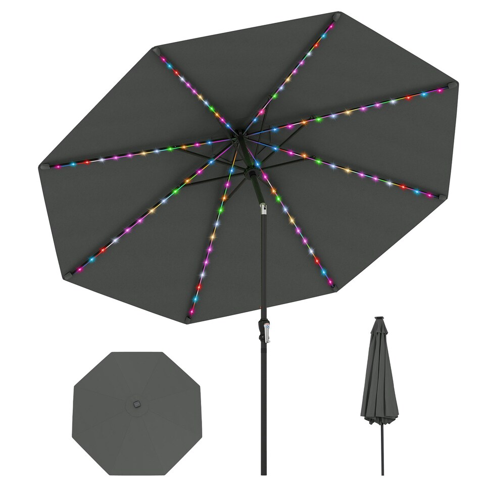 image 1 of COSTWAY 290 cm Solar Patio Parasol Umbrella 96 LED Lights Grey Grey