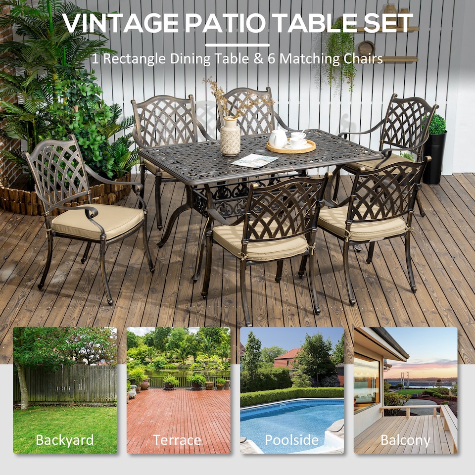image 1 of Outsunny 7-PC Cast Aluminum Patio Dining Set w/ Umbrella Hole & Cushion, Bronze | Bronze | Bronze tone, Khaki | Table: 150x90x72.5cm, Chair: 62x65x91cm
