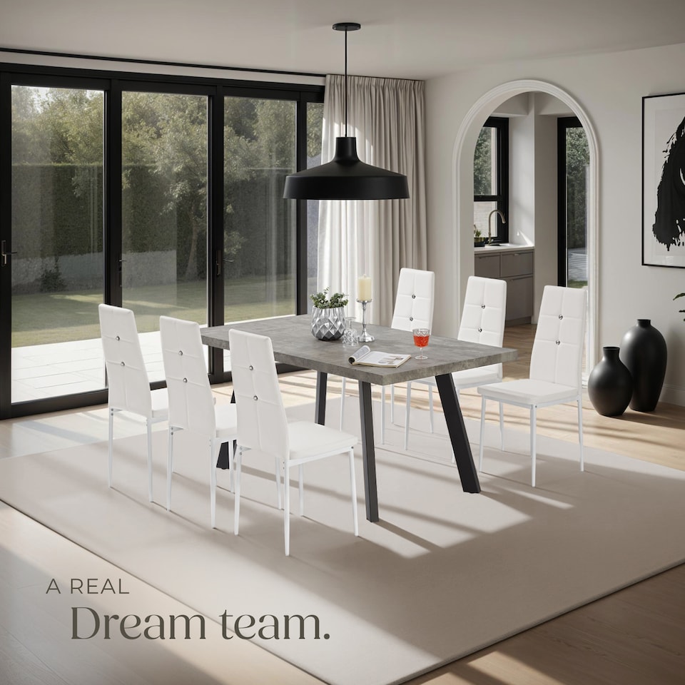 image 1 of Dining Chair Set - high backrest, slim steel legs & rhinestone highlights | White | white | 4