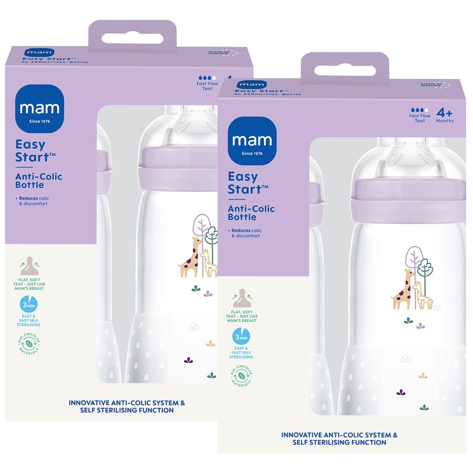 image 1 of 2 x MAM Easy Start Anti-Colic 320ml Baby Bottle Fast Flow Teat Pack of 2 Lilac | Multi | Not provided