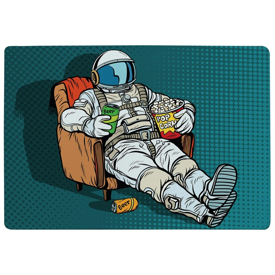 image 1 of Astronaut the audience with beer and popcorn sitting in a chair. loneliness in space. Pop art retro (Rug) Cream | XL