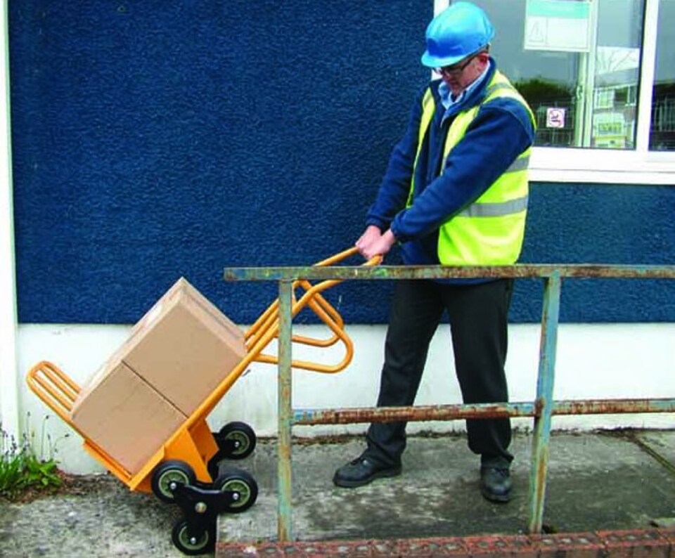 image 1 of Heavy Duty Stair Climber Sack Truck, Steel Yellow Frame, 3 Linked Wheels, Folding Toe Plate - 200kg Capacity | Orange