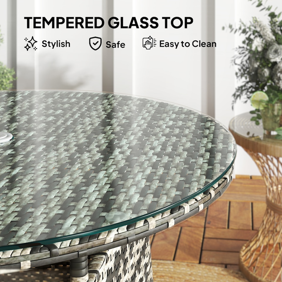 image 1 of Outsunny Wicker Garden Rattan Table, Patio Furniture Outdoor Coffee Table with Umbrella Hole and Tempered Glass Top, Grey | Grey | Grey