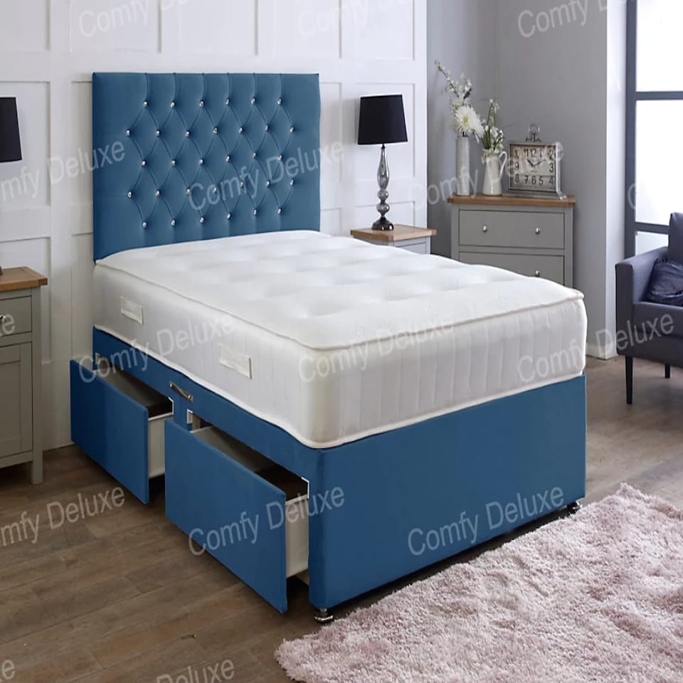 4ft6 Double Blue Plush Velvet Divan Bed With Headboard & Memory Sprung Mattress 2 Drawers One Each Side