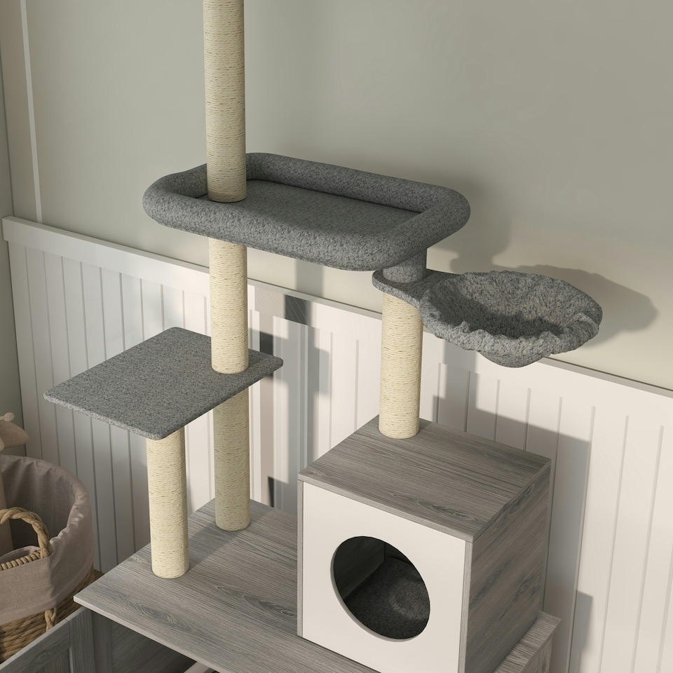 image 1 of PawHut 2-in-1 Hidden Litter Box with Floor-To-Ceiling Cat Tree, Indoor - Grey