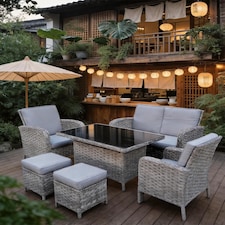 6 Piece Rattan Garden Furniture Set with Tempered Glass Top Table