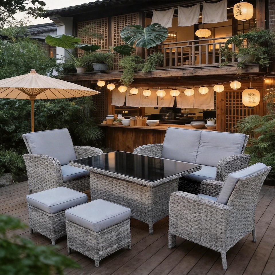 image 1 of 6 Piece Rattan Garden Furniture Set with Tempered Glass Top Table